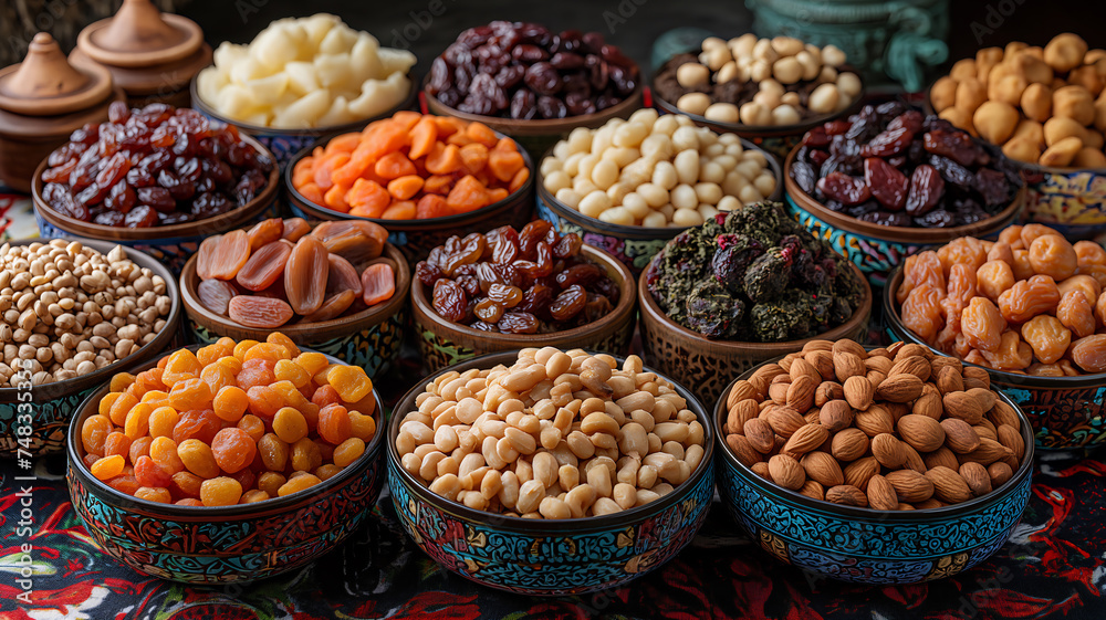 A variety of dried fruits and nuts displayed in colorful bowls. This image is perfect for: health, nutrition, snack options, food variety, natural foods.