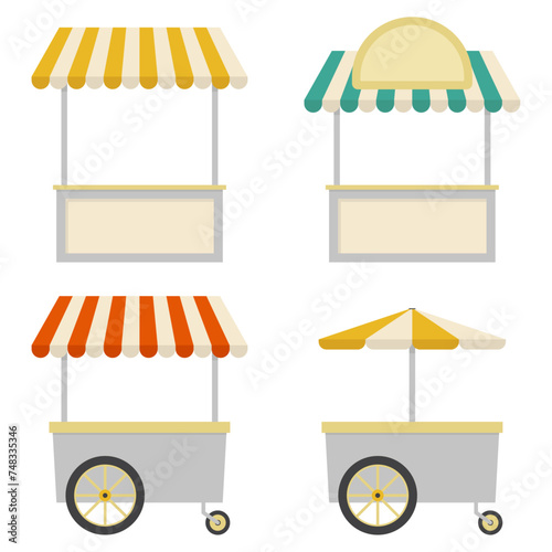 street vendor stalls, street food, carts, shops, vector illustration