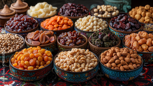 A variety of dried fruits and nuts displayed in colorful bowls. This image is perfect for: health, nutrition, snack options, food variety, natural foods. photo
