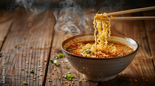 Bowl of instant noodles isolated on wooden background, noodles with chopsticks
