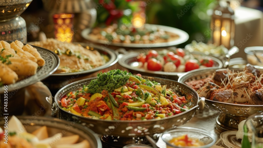 An opulent spread of Middle Eastern dishes, served during the Eid al-Fitr feast,featuring a variety of rich flavors and vibrant colors,