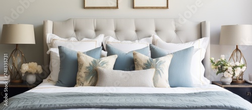 A bed is shown with a white headboard and a variety of blue and white pillows neatly arranged on top. photo