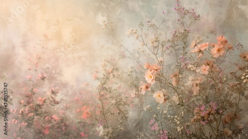 A mystical scene of blossoming flowers bathed in the soft glow of morning light, creating a tranquil and enchanting floral dreamscape