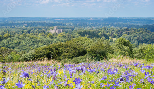 An elevated view of Highclere Castle taken from Beacon Hill in Hampshire, England.
