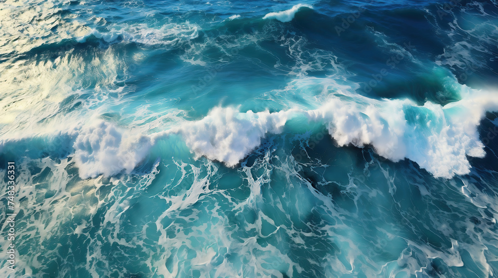 Aerial view of dynamic ocean waves with intricate foam patterns and deep blue hues.