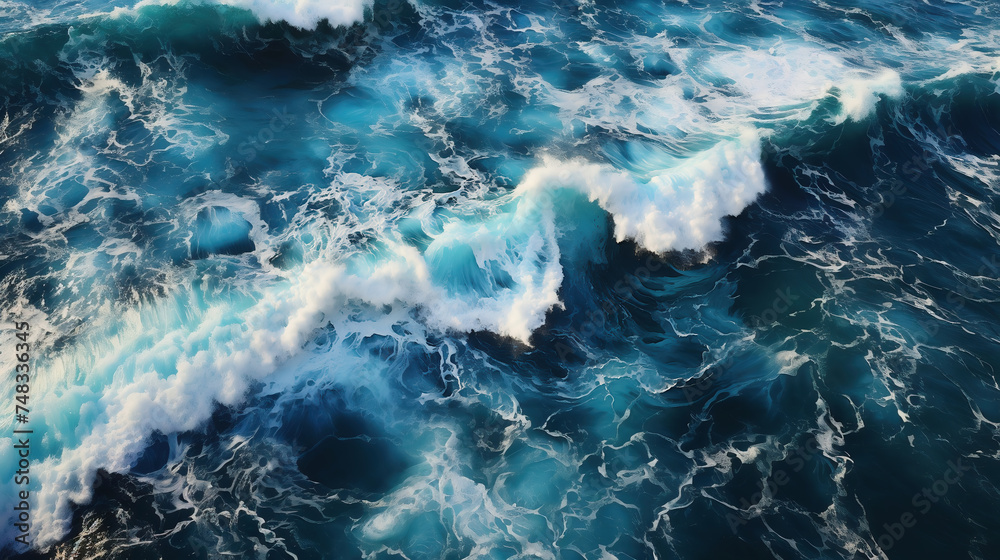 Aerial view of dynamic ocean waves with intricate foam patterns and deep blue hues.