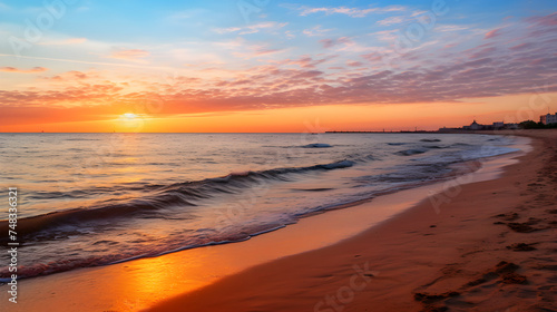 Sunrise Over The Calm Azov Sea with Distant Ships on Horizon and Sandy Beach in Foreground