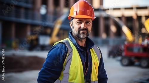 A helmeted worker, standing in the foreground, meets the camera's gaze with a determined and focused expression amid the construction activity.