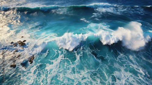 Aerial shot of turbulent sea waves crashing against rocks, creating a spray of foam.