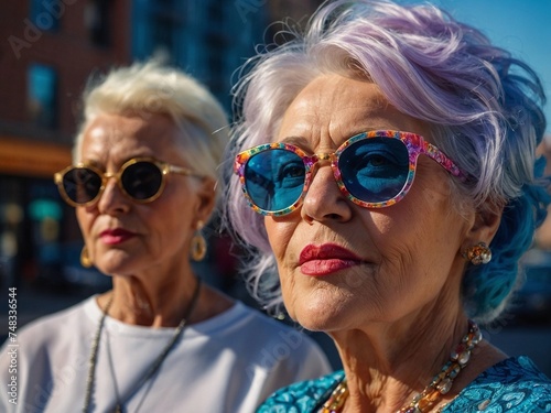 Fashionable modern grandmothers with bright hair colors and sunglasses communicate against the background of the city