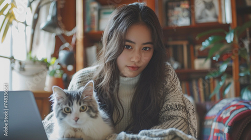 Young Asian woman doing remote work, studying on her laptop with the company of her cat