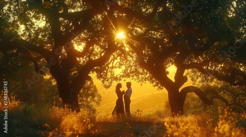 Couples dancing under a canopy of trees in a lush forest clearing  the dappled sunlight filtering through the leaves as they revel in each other s company