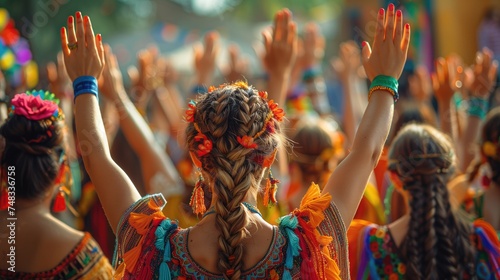 Cultural Festival: young people at a multicultural festival raise their hands in celebration of diversity, showcasing the rich tapestry of cultures and traditions that contribute to the vibrancy