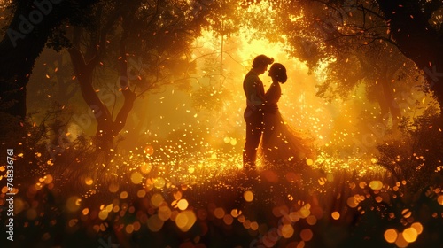 Couples dancing under a canopy of trees in a lush forest clearing, the dappled sunlight filtering through the leaves as they revel in each other's company