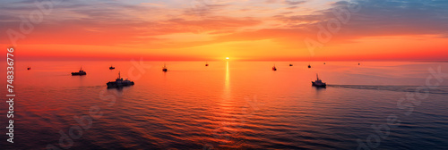 Sunrise Over The Calm Azov Sea with Distant Ships on Horizon and Sandy Beach in Foreground