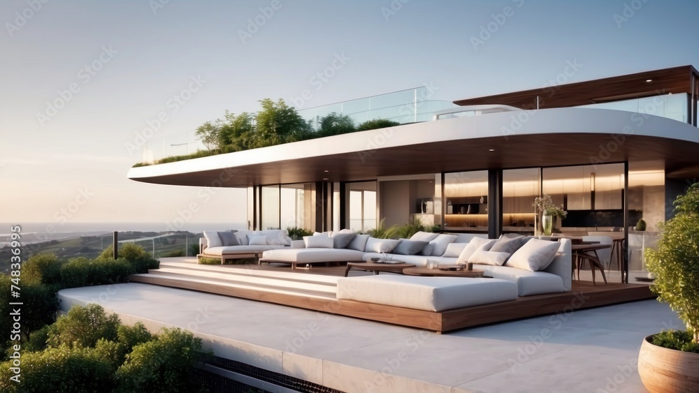 Fototapeta premium Modern villa with a rooftop terrace, providing panoramic views and an ideal space for outdoor entertainment