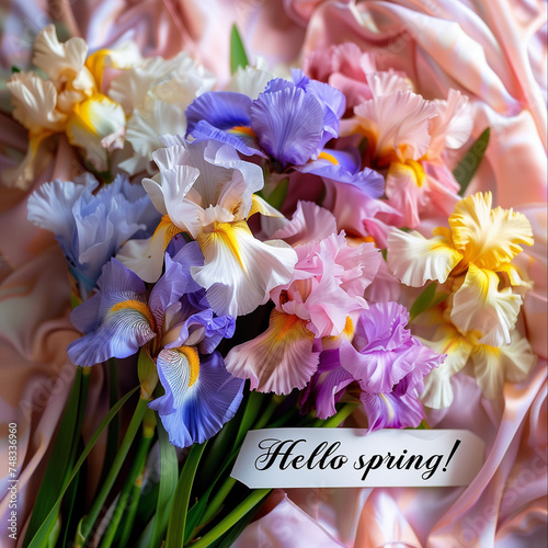 Colorful Iris Flowers Bouquet on Satin Fabric, Springtime Freshness with Copy Space