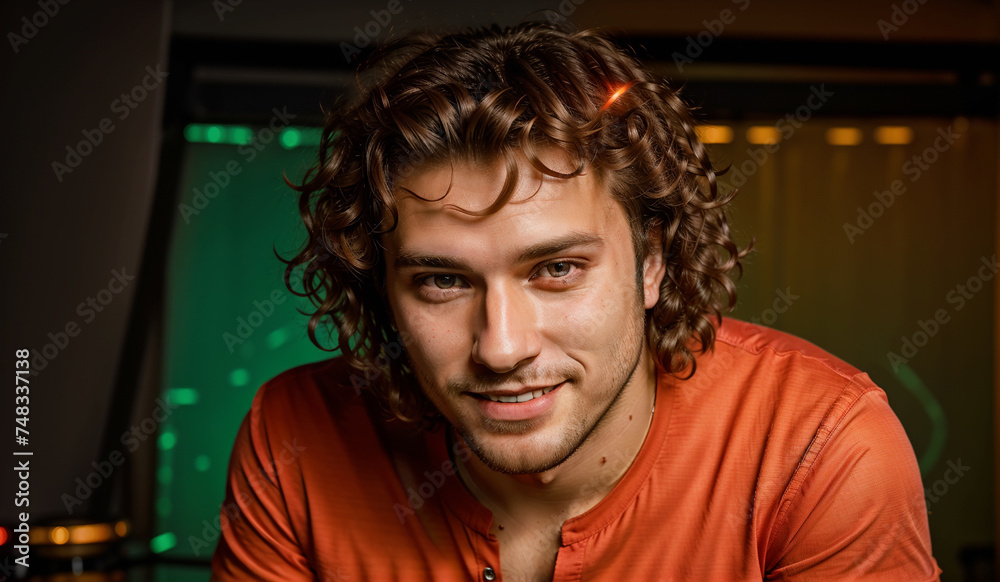 Professional photo shoot of a man with overgrown curls, in an orange T-shirt, on a dark background. Generative AI. Professional photo shoot of a man with overgrown curls, in an orange T-shirt, on a dark background. Generative AI.