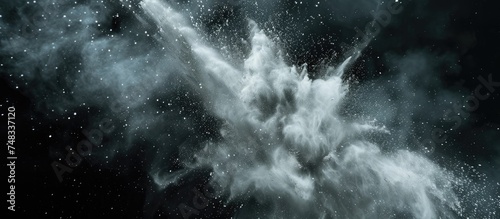 A high-speed photograph capturing the dramatic moment of a white dust explosion frozen in time against a stark black background. The chaotic dispersal of particles creates a dynamic and captivating photo