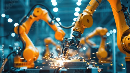 The robotic arm's efficient welding in a factory setting exemplifies the seamless integration of technology in industry. © GoLyaf