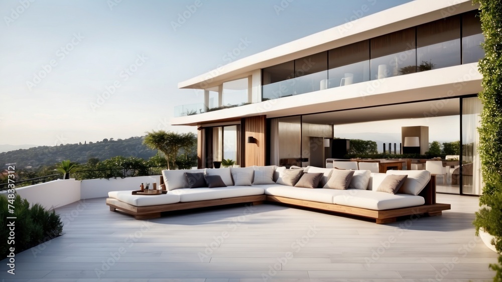 Fototapeta premium Modern villa with a rooftop terrace, providing panoramic views and an ideal space for outdoor entertainment