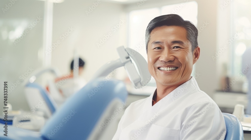 Obraz premium A confident smile: An Asian man in a dentist's chair beams with beautiful teeth, exuding dental health and happiness.