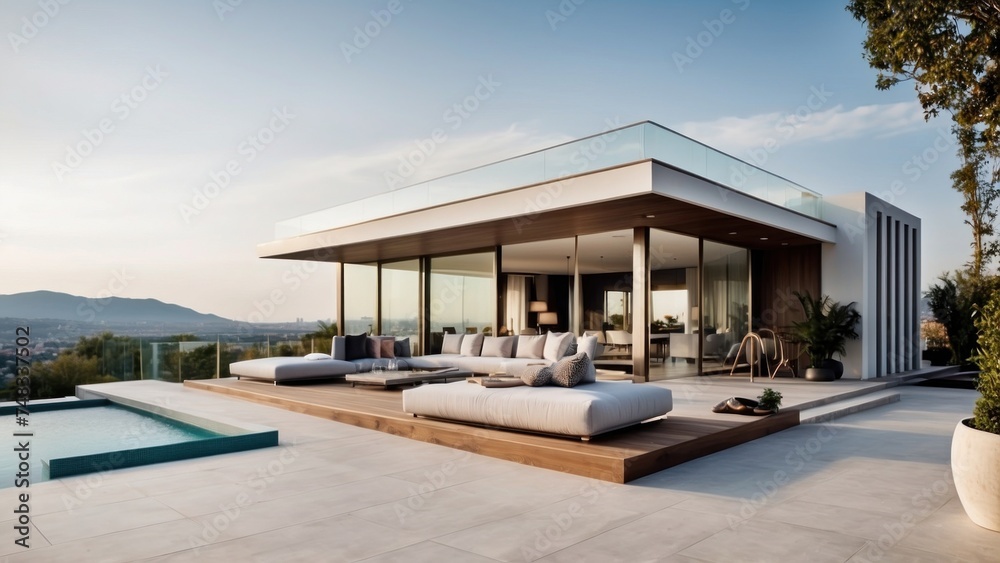 Fototapeta premium Modern villa with a rooftop terrace, providing panoramic views and an ideal space for outdoor entertainment