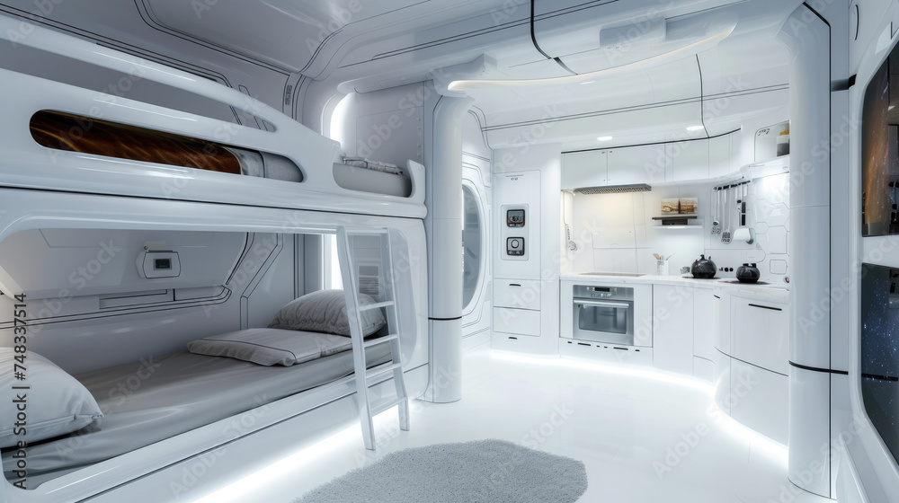 Small spaceship room with bunk bed and kitchen, design of habitat in spacecraft or colony house. Futuristic compartment interior. Concept of space, technology, travel, sci-fi, future - obrazy, fototapety, plakaty 