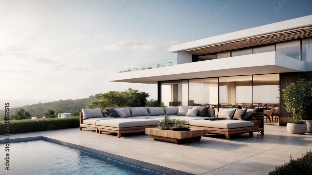 Fototapeta premium Modern villa with a rooftop terrace, providing panoramic views and an ideal space for outdoor entertainment