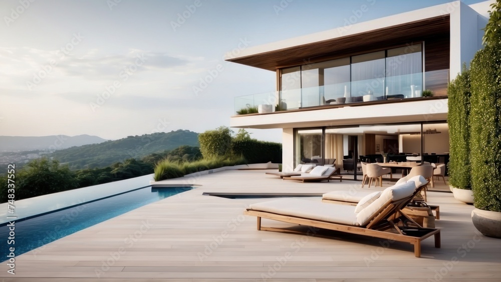Fototapeta premium Modern villa with a rooftop terrace, providing panoramic views and an ideal space for outdoor entertainment