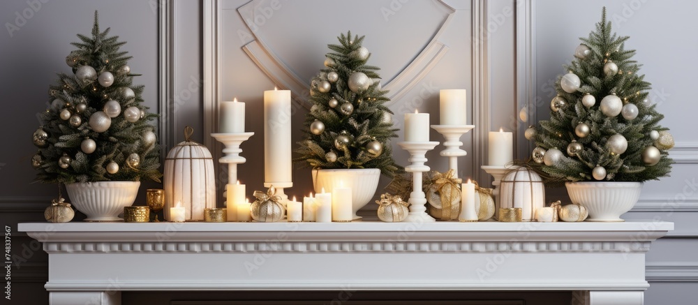 A white mantel adorned with small potted fir candles, and various Christmas decorations including ornaments and lights, set against a wooden wall.