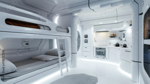 Small spaceship room with bunk bed and kitchen, design of habitat in spacecraft or colony house. Futuristic compartment interior. Concept of space, technology, travel, sci-fi, future