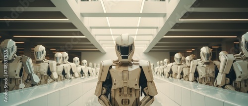 A group of robots or cyborgs. Modern and future technologies photo