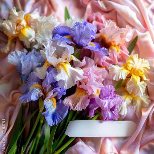 Vibrant Irises Bouquet on Pastel Fabric, Floral Elegance with Copy Space