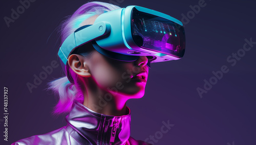 Female wearing Vr - Virtual reality headset. Futuristic concept.