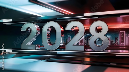 A futuristic and sleek design for a graphic depicting "2028". The number "2028" is prominently displayed in bold, metallic font