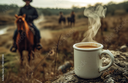 a steaming cup of coffee on the open range with cowboys riding in the distance