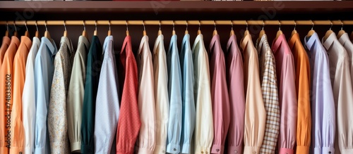 A collection of mens shirts in various colors and styles hanging neatly on a clothing rack. The shirts are displayed for easy access and organization.