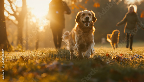 Happy family with two children running after a dog together at sunset.