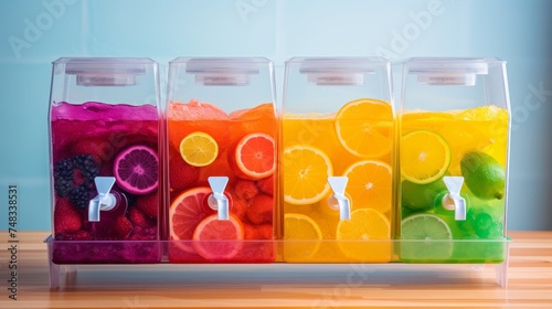 Summer cool slush and smoothie machine for chilled fruit juice in multi colored containers
