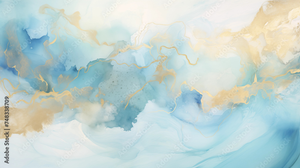 Abstract background with airy blue watercolor and liquid gold in the form of a marble texture.
