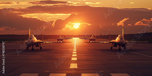Group of fighter jets on a airfield at sunset. photo