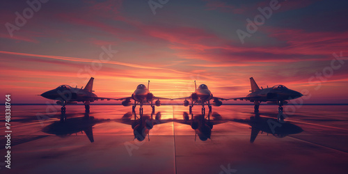 Group of fighter jets on a airfield at sunset.