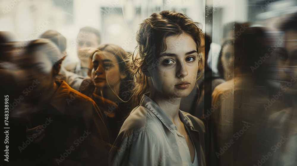 Attractive Woman Standing Alone Against a Busy Crowd