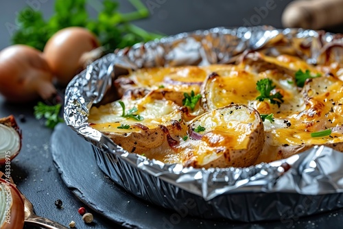 baked potatoes with cheese and onion on a tray with aluminum foil