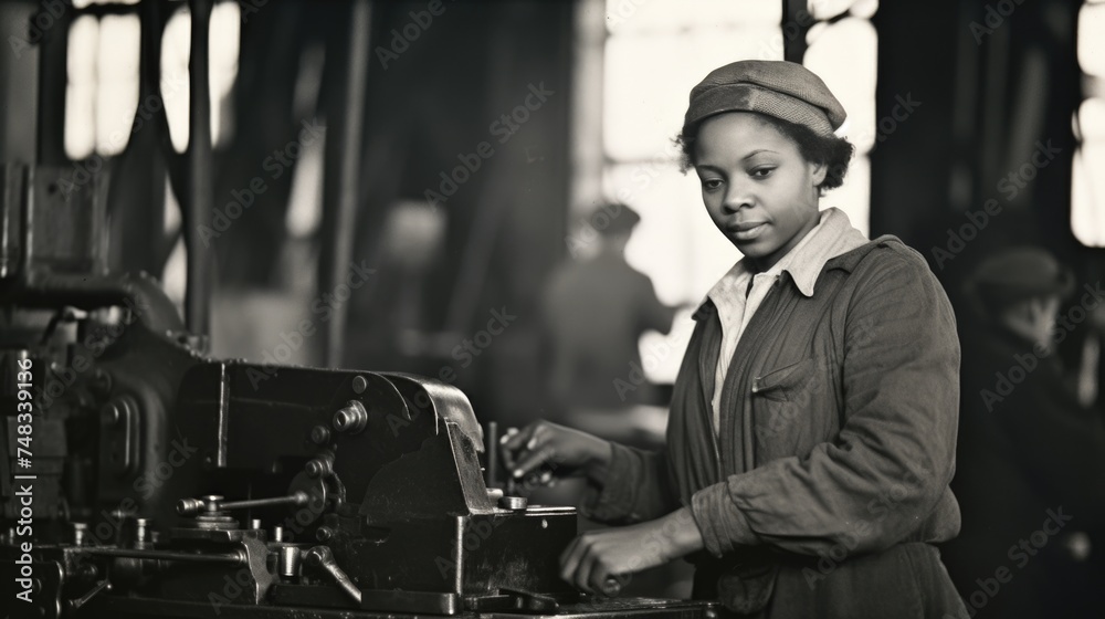 With determination, a woman in work clothes operates a large factory machine, exemplifying skill and dedication in the industrial setting. With determination, a woman in work clothes operates a large factory machine, exemplifying skill and dedication in the industrial setting.