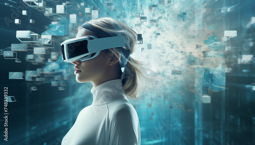 Female wearing Vr - Virtual reality headset. Futuristic concept.