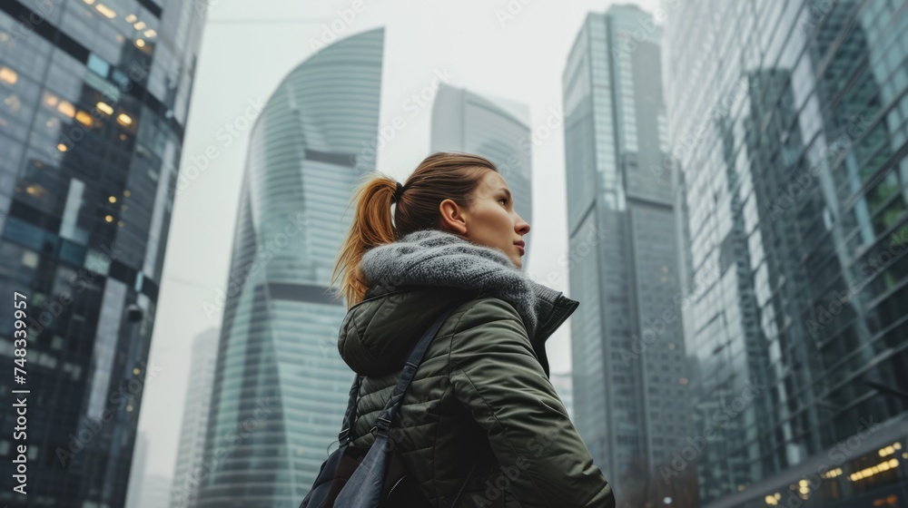 A Nordic woman, her fair features contrasting with the urban skyline, stands as a testament to human strength and beauty in the heart of the city.