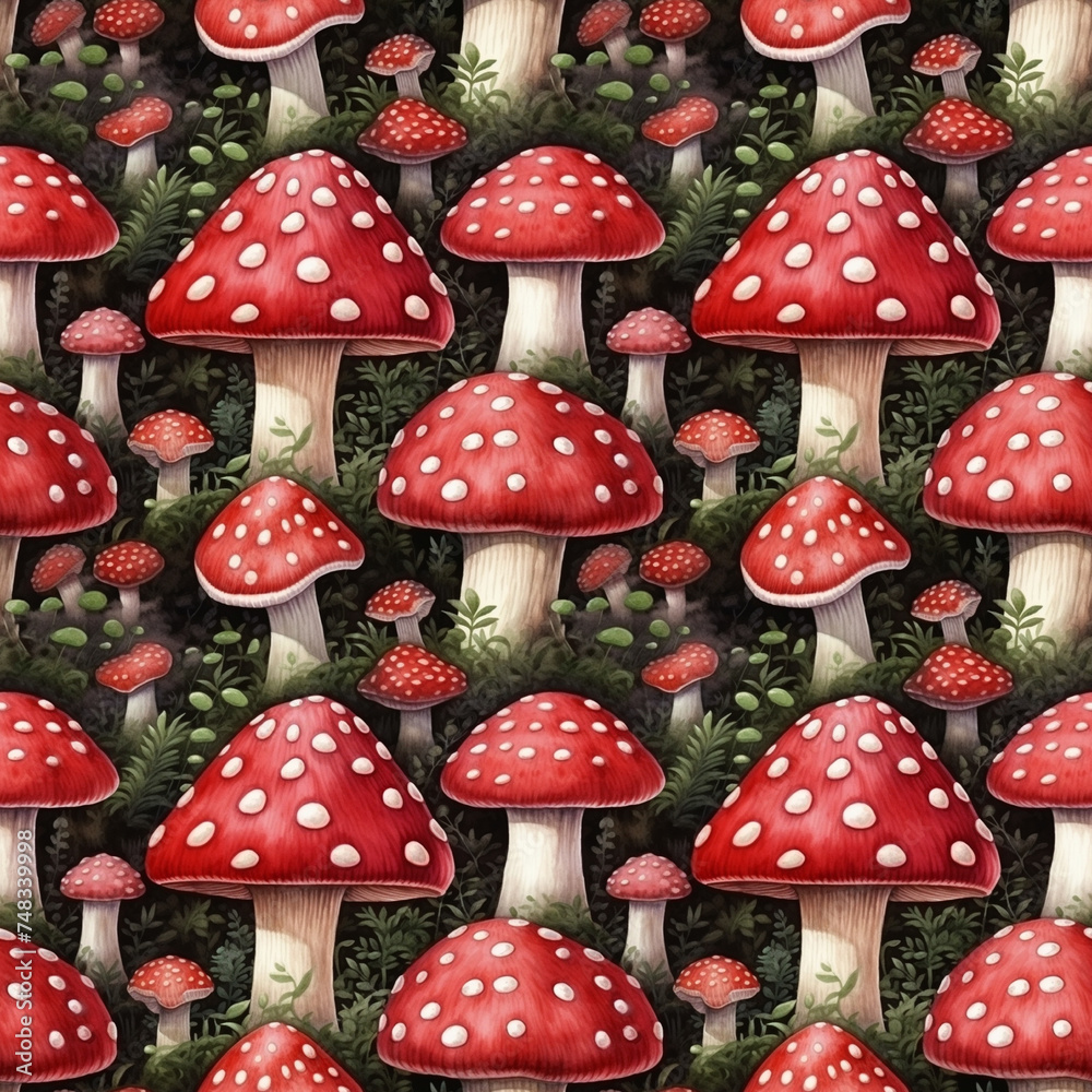 Watercolor Red Mushroom Seamless Pattern, Aquarelle Fly Agaric, Watercolor Wild Fungi Tile