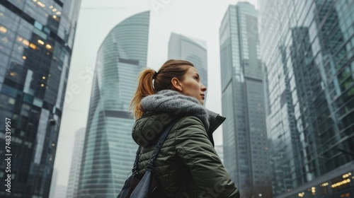 A Nordic woman, her fair features contrasting with the urban skyline, stands as a testament to human strength and beauty in the heart of the city.